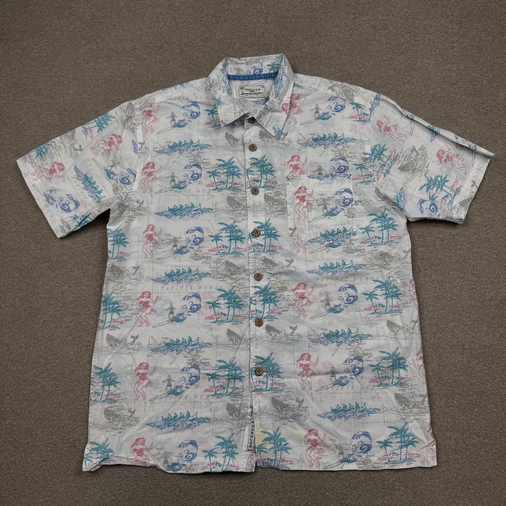 Honolua Mens Shirt Size M White Button Up Short Sleeve Hawaiian Beach Surf